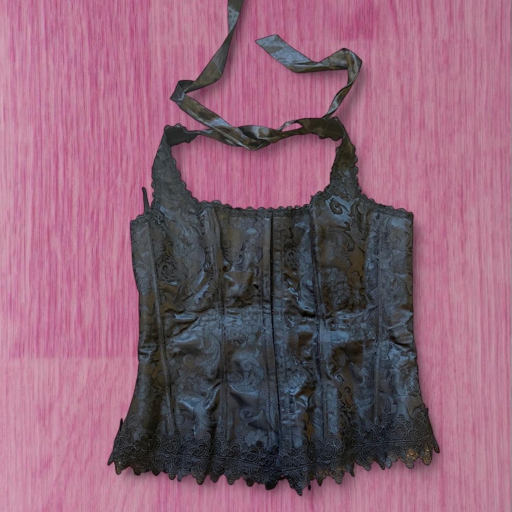 vintage frederick's of hollywood black halter goth corset with lace details